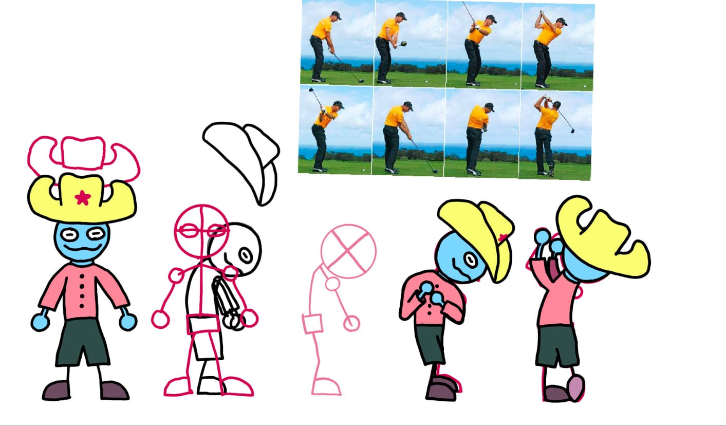 In the top right corner is an eight photo montage depicting the steps of a golf swing from start to finish. Below it are some simple drawings of a short, blue, sort of froggy-looking creature with a giant foam cowboy hat. I've got a front-facing view, and then some pink lines that basically lay out the character's skeleton for animation rigging. Beside that are two drawings of the character swinging the club.