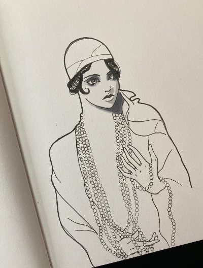 A black and grey sketch of a woman with large eyes staring off into the distance. Pearls are draped around her neck, cascading down into her fingers. 